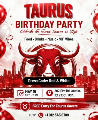 Red and White Themed Taurus Birthday Celebration Flyer Template