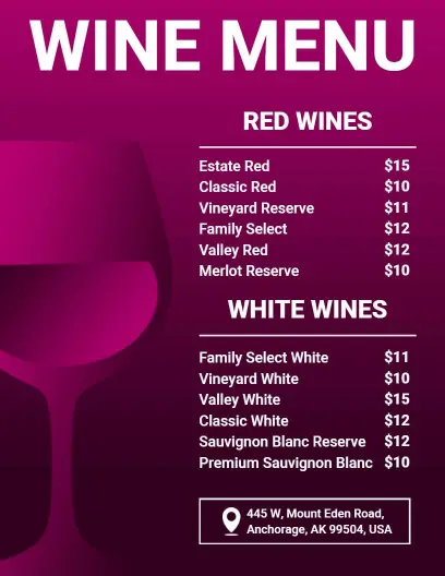 Red and White Wines Offered Menu Template