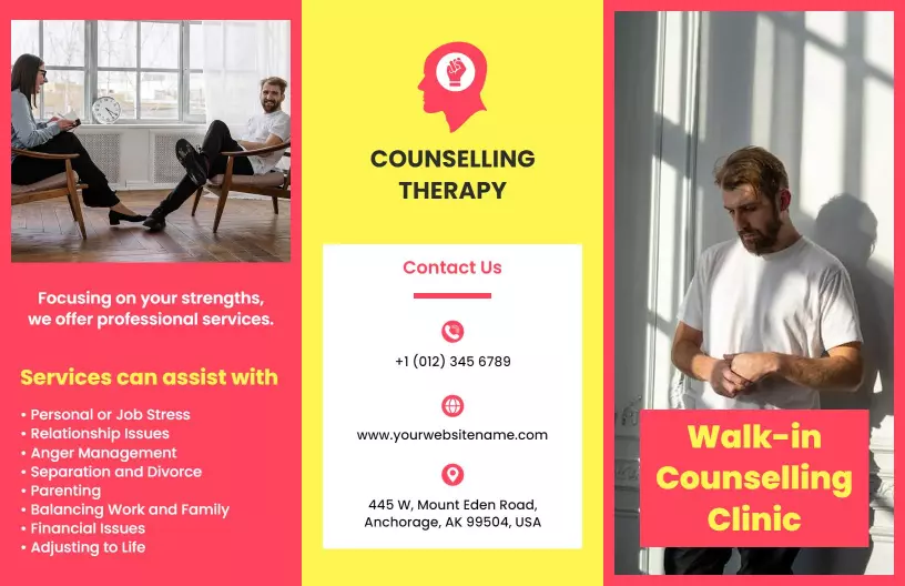 Red and Yellow Counseling Therapy Walk-in Clinic Brochure Template