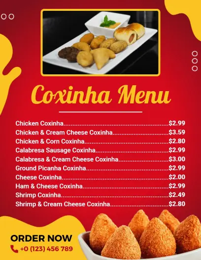 Red and Yellow Themed Delicious Coxinha Food Menu Template