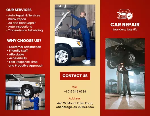 Red Automotive Car Repair Services and Maintenance Brochure Template