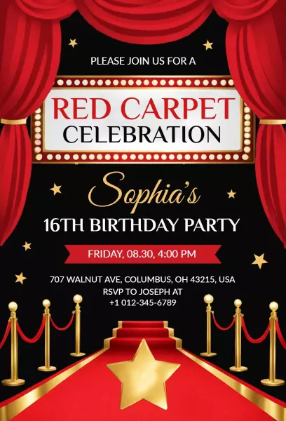 Red Carpet Celebration Sweet 16 Birthday Invitation Template