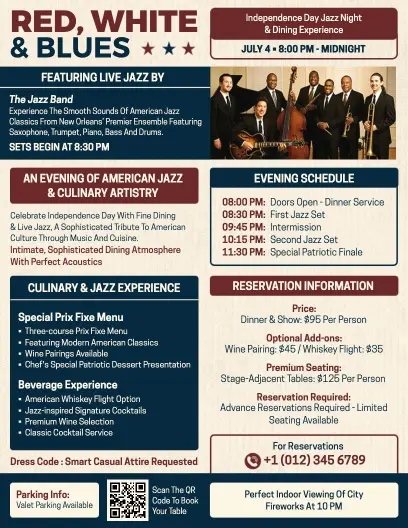 Red, White & Blues Jazz Night Dining Experience Flyer Template