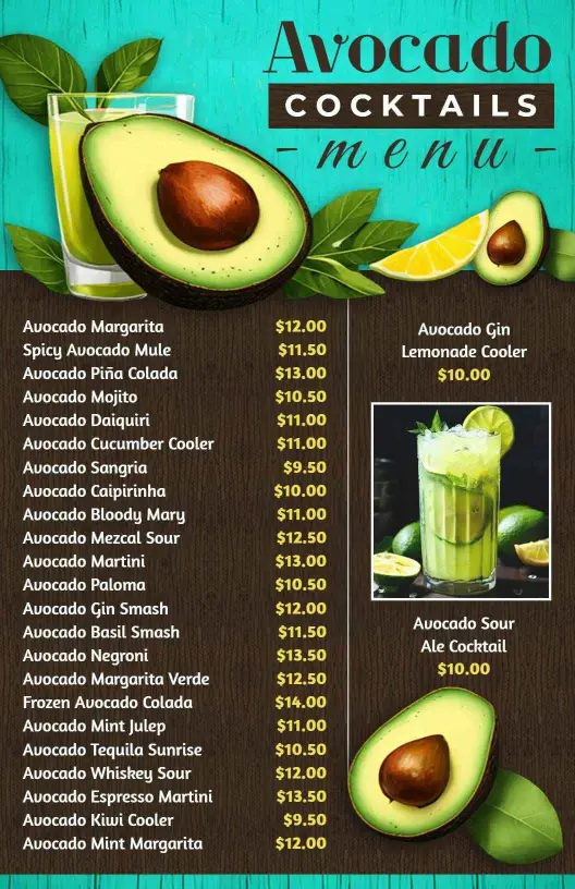 Refreshing Avocado-Based Cocktails with Unique Flavors Cocktail Menu Template