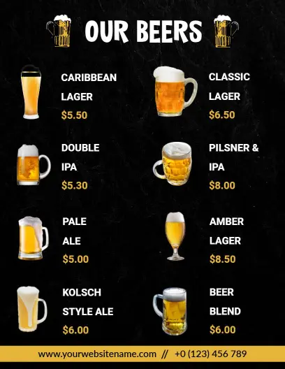 Refreshing Beer Selections Featuring Craft Brews and Ales Bar Menu Template
