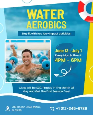 Refreshing Blue Water Aerobics Fitness Class Poster Template
