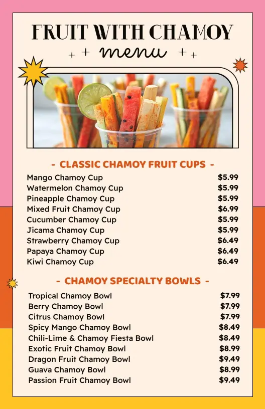Refreshing Chamoy and Fruit Combinations Delight Dessert Menu Template