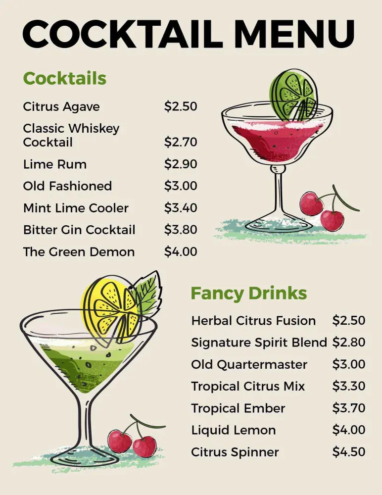 Refreshing Citrus and Classic Cocktails with Unique Flavors Cocktail Menu Template
