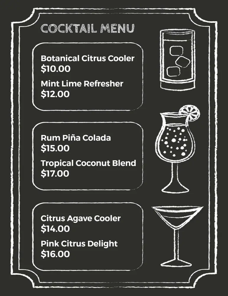 Refreshing Citrus and Tropical Blends Featuring Signature Drinks Cocktail Menu Template