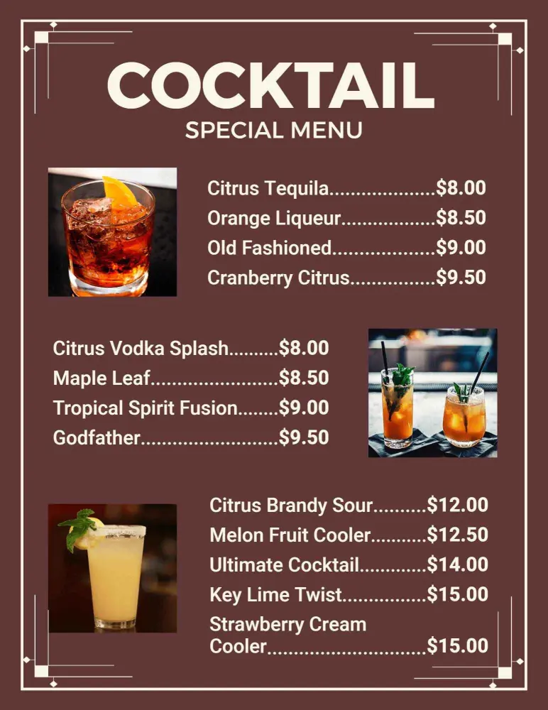 Refreshing Citrus and Unique Flavor Combinations Cocktail Menu Template