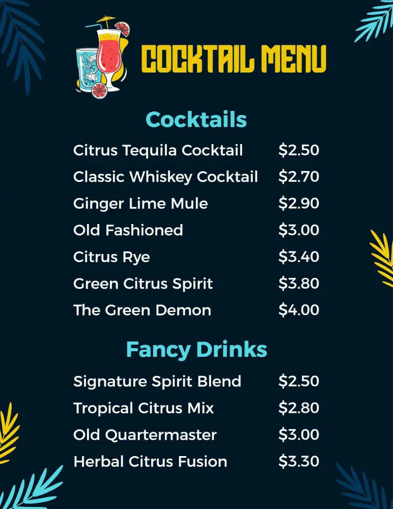 Refreshing Citrus and Whiskey Cocktails with Unique Blends Cocktail Menu Template