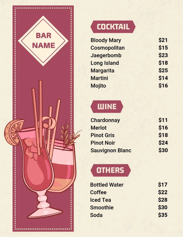 Refreshing Cocktail and Wine Selections for All Occasions Bar Menu Template