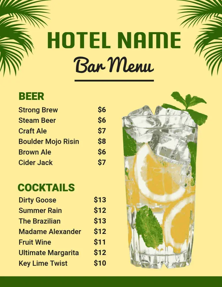 Refreshing Cocktails and Craft Beers Selection Bar Menu Template