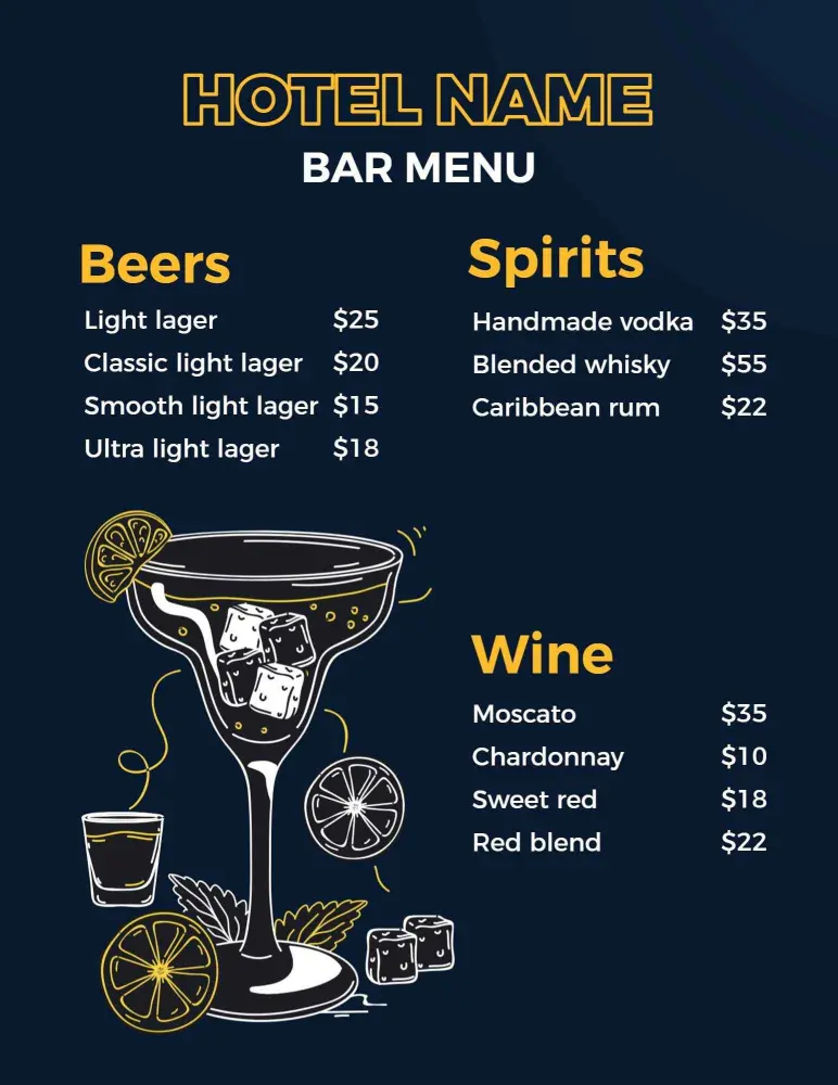 Refreshing Cocktails and Quality Beers Featuring Spirits Bar Menu Template