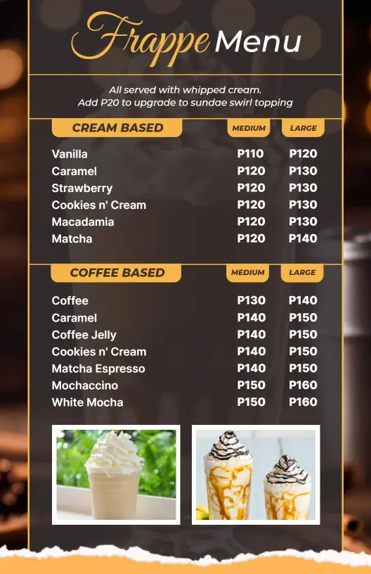 Refreshing Coffee and Creamy Frappe Selections Cafe Menu Template