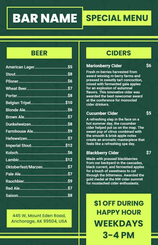 Refreshing Craft Beers and Unique Ciders Selection Bar Menu Template