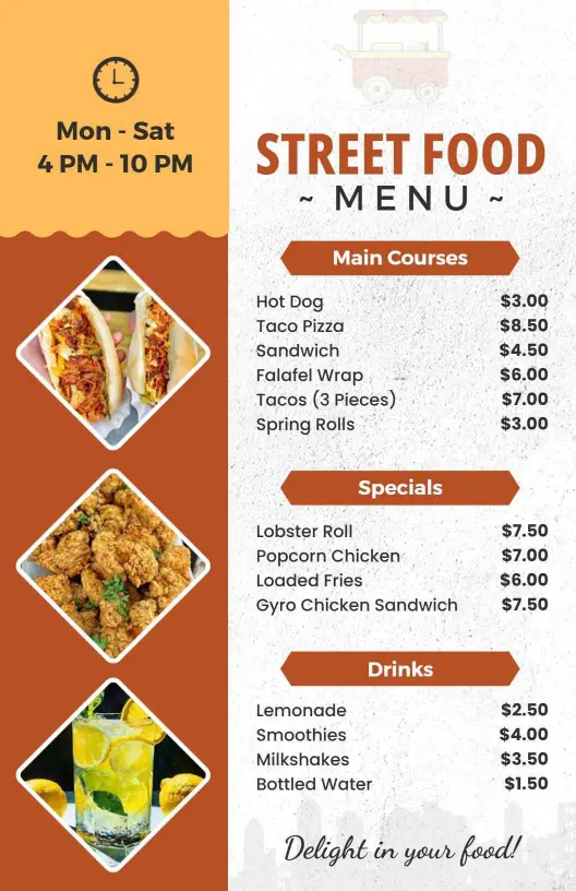 Refreshing Drinks with Classic Street Food Menu Options Template