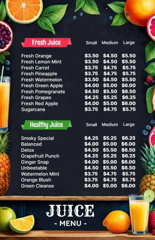 Refreshing Fresh and Healthy Juice Selections Juice Menu Template