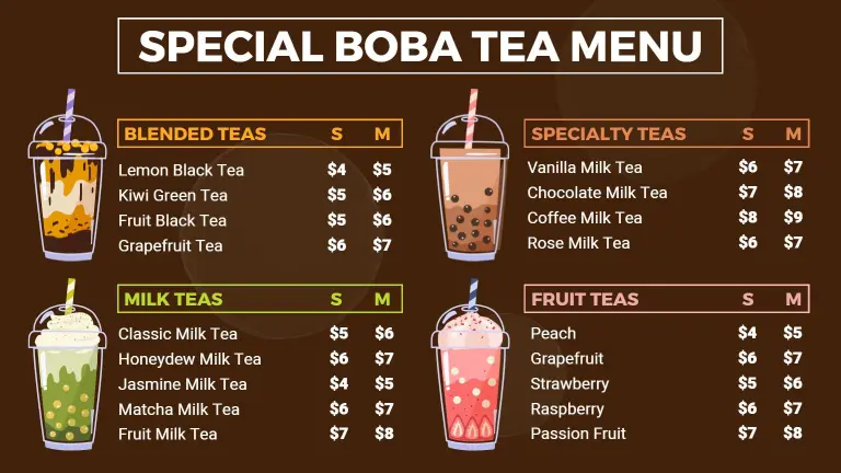 Refreshing Fruit and Creamy Milk Tea Selections Boba Menu Template