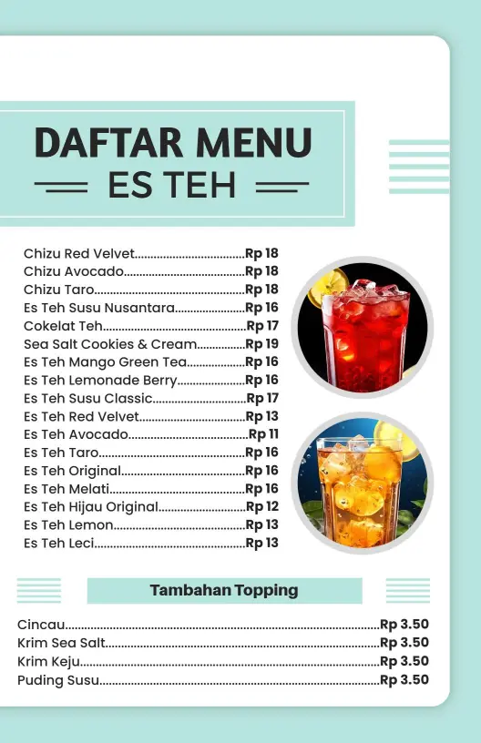 Refreshing Fruit and Creamy Tea Variations for Every Taste Tea Menu Template