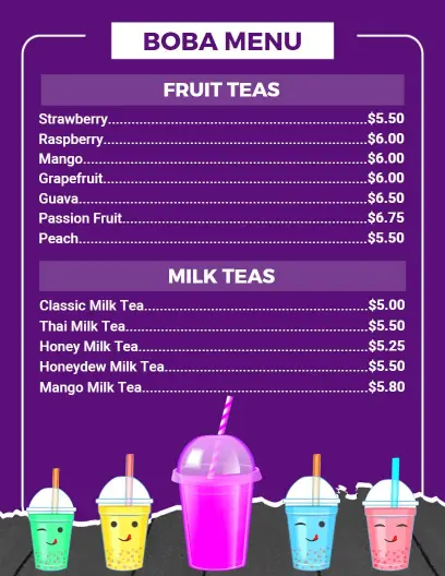 Refreshing Fruit and Milk Tea Selections with Flavored Boba Menu Template