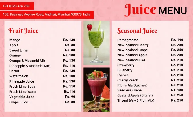 Refreshing Fruit and Seasonal Juice Selections for All Tastes Juice Menu Template