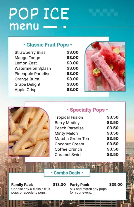 Refreshing Fruit and Specialty Pops for Sweet Treat Lovers Dessert Menu Template