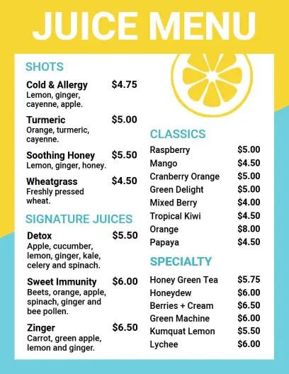 Refreshing Fruit and Vegetable Blends Featuring Unique Shots Juice Menu Template