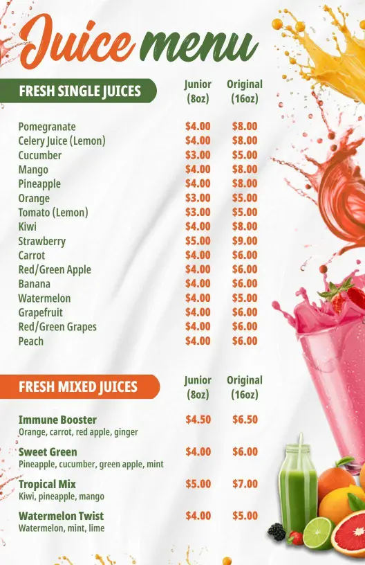 Refreshing Fruit and Vegetable Juice Selections Juice Menu Template