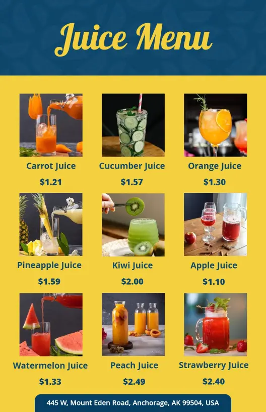 Refreshing Fruit and Veggie Juices with Unique Flavors Juice Menu Template