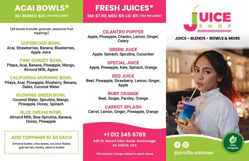 Refreshing Fruit Blends and Nutrient-Rich Smoothies Juice Menu Template