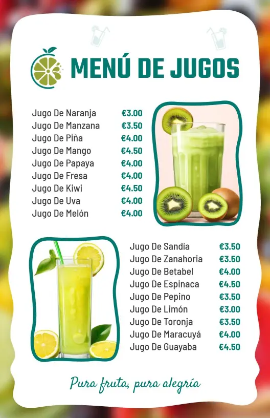 Refreshing Fruit Juice Selections Featuring Natural Flavors Juice Menu Template