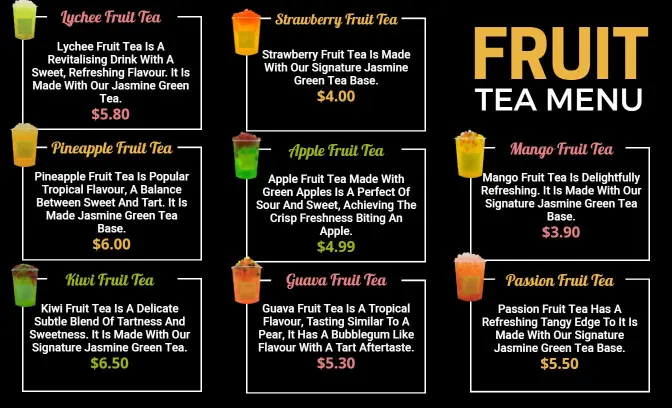 Refreshing Fruit Tea Selections Featuring Unique Flavors Tea Menu Template