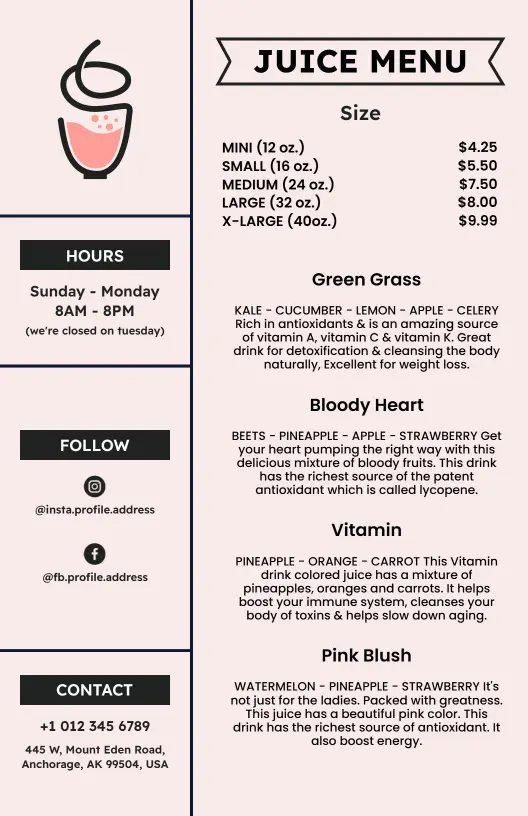 Refreshing Green and Fruity Blends for All Sizes Juice Menu Template