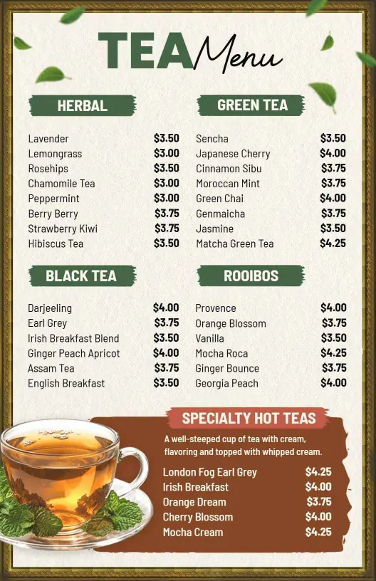 Refreshing Herbal and Black Tea Selections for Every Taste Tea Menu Template