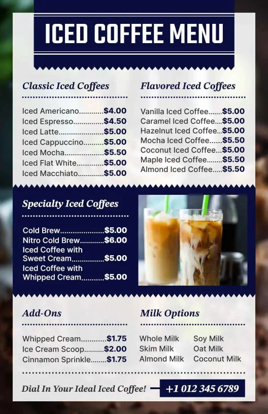 Refreshing Iced Coffee Selections and Flavors Cafe Menu Template