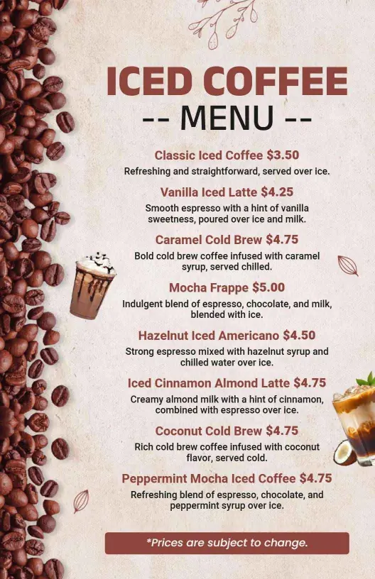 Refreshing Iced Coffee Varieties with Unique Flavors Cafe Menu Template
