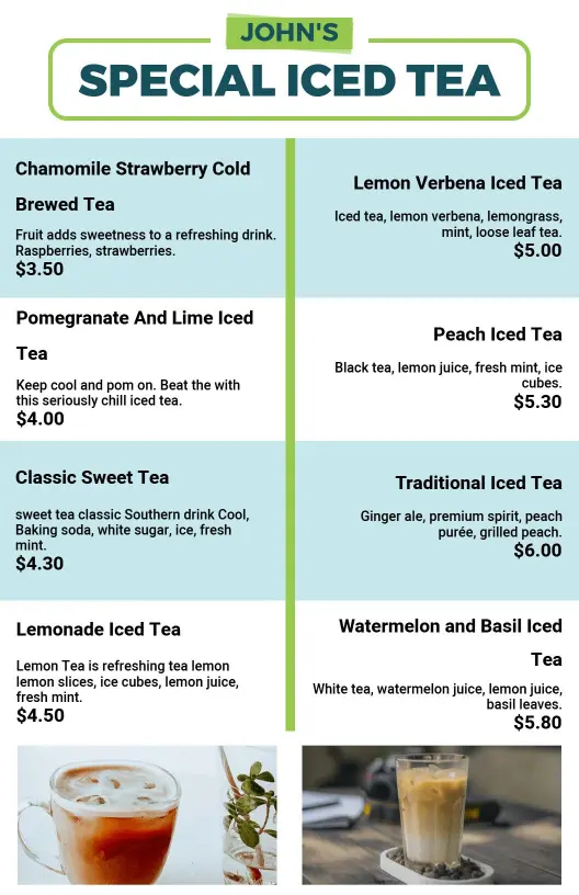 Refreshing Iced Tea Selections Featuring Unique Flavors Tea Menu Template