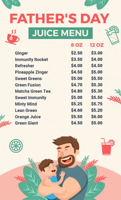 Refreshing Juice Selections for Celebrating Father's Day Menu Template