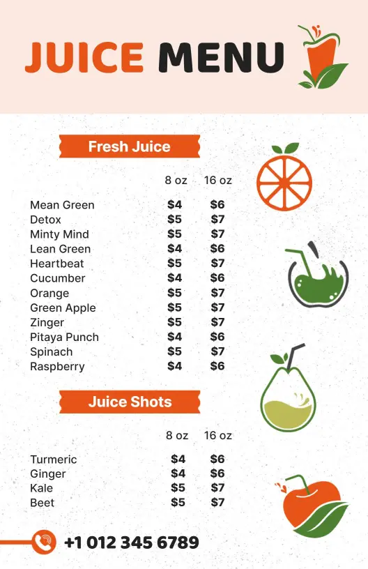 Refreshing Juice Selections with Vibrant Flavors Juice Menu Template