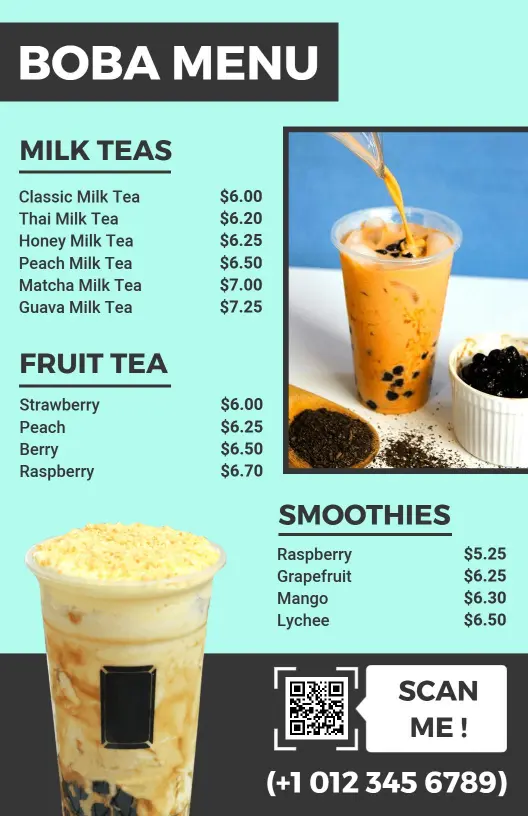 Refreshing Milk and Fruit Tea Selections for Boba Menu Template