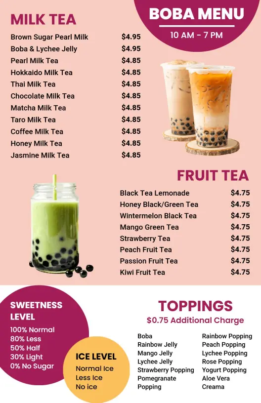 Refreshing Milk and Fruit Teas with Toppings Delight Boba Menu Template