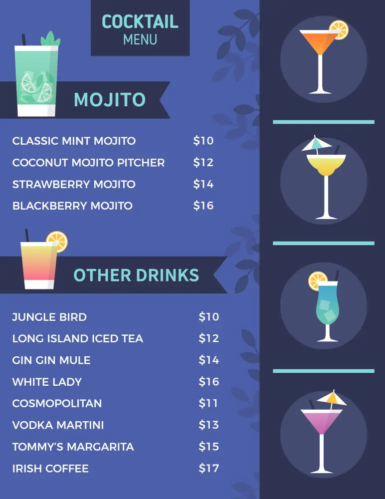 Refreshing Mojito Varieties and Signature Cocktails Cocktail Menu Template
