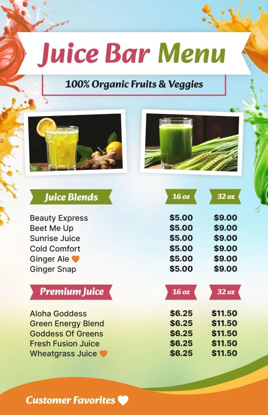 Refreshing Organic Juice Blend Selections and Flavors Juice Menu Template