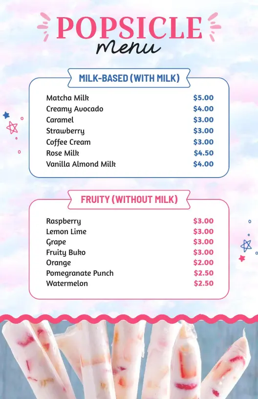 Refreshing Popsicle Flavors and Milkless Treats Dessert Menu Template