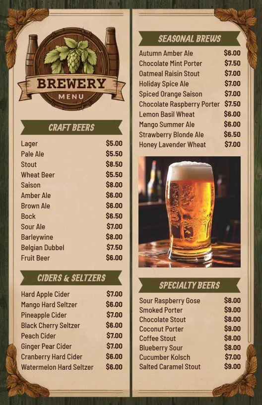 Refreshing Seasonal Brews and Classic Ales Bar Menu Template