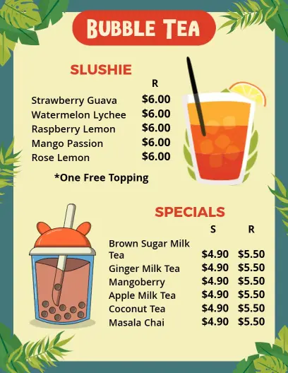 Refreshing Slushie and Special Tea Selections Boba Menu Template