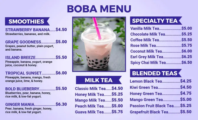 Refreshing Smoothies and Flavorful Milk Teas Boba Menu Template