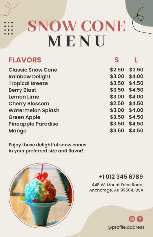 Refreshing Snow Cone Flavors and Classic Delights Dessert Menu Template