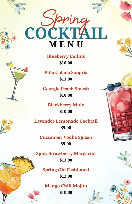 Refreshing Spring Cocktails with Fruity Flavors Cocktail Menu Template